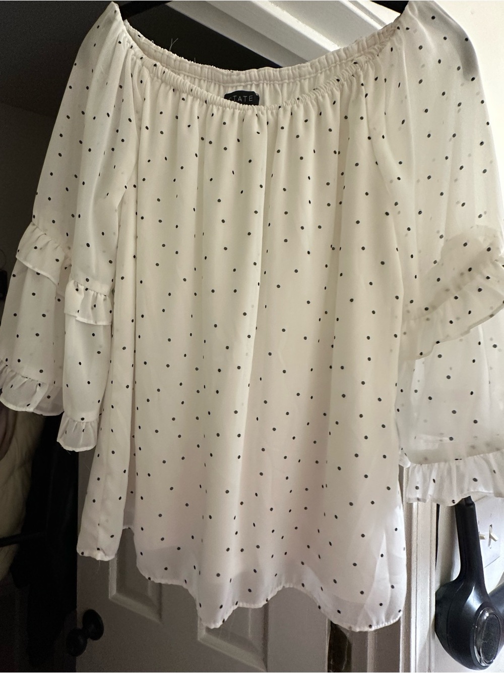 1. State White Polka Dot Off-Shoulder Ruffled Sleeve Blouse